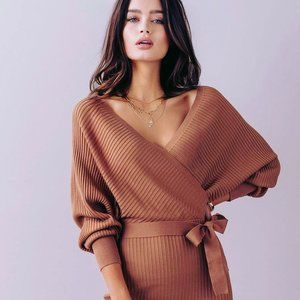 Off Shoulder Wrap Belted Ribbed Knit Dress